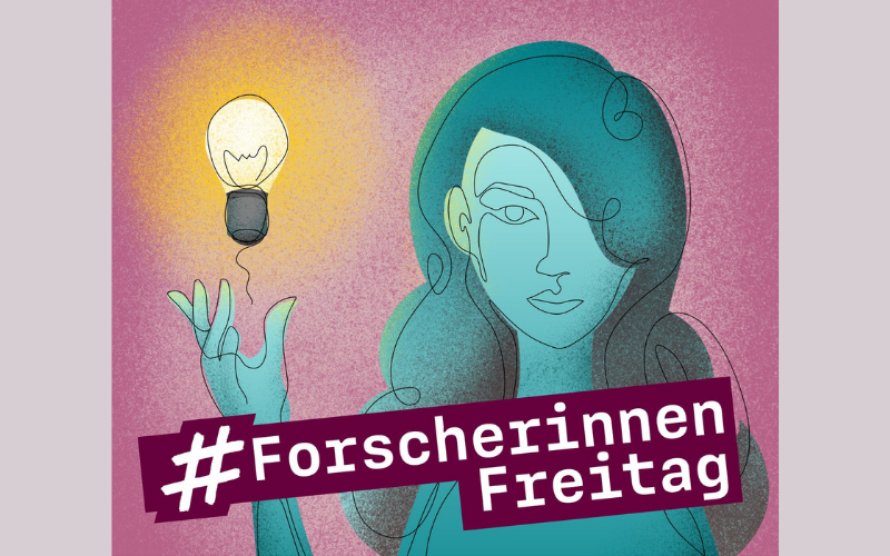 Es ist das Cover des Podcasts #ForscherinnenFreitag zu sehen mit der Illustration einer Frau einer Glühbirne in den Farben petrol, beere und orange.